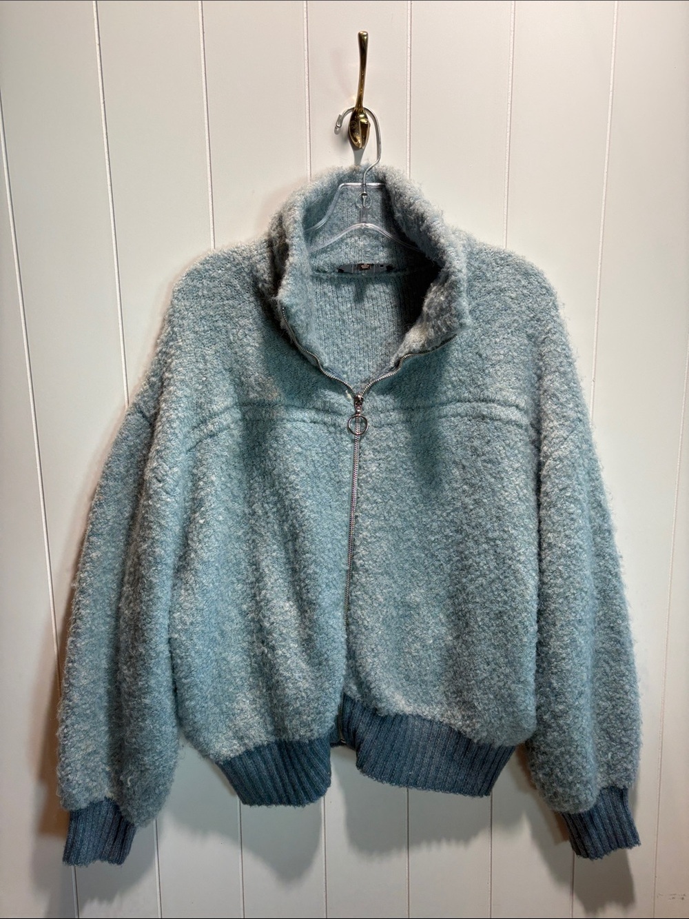 Broadway 38 fuzzy blue Sherpa wool blend zip front sweater jacket XL